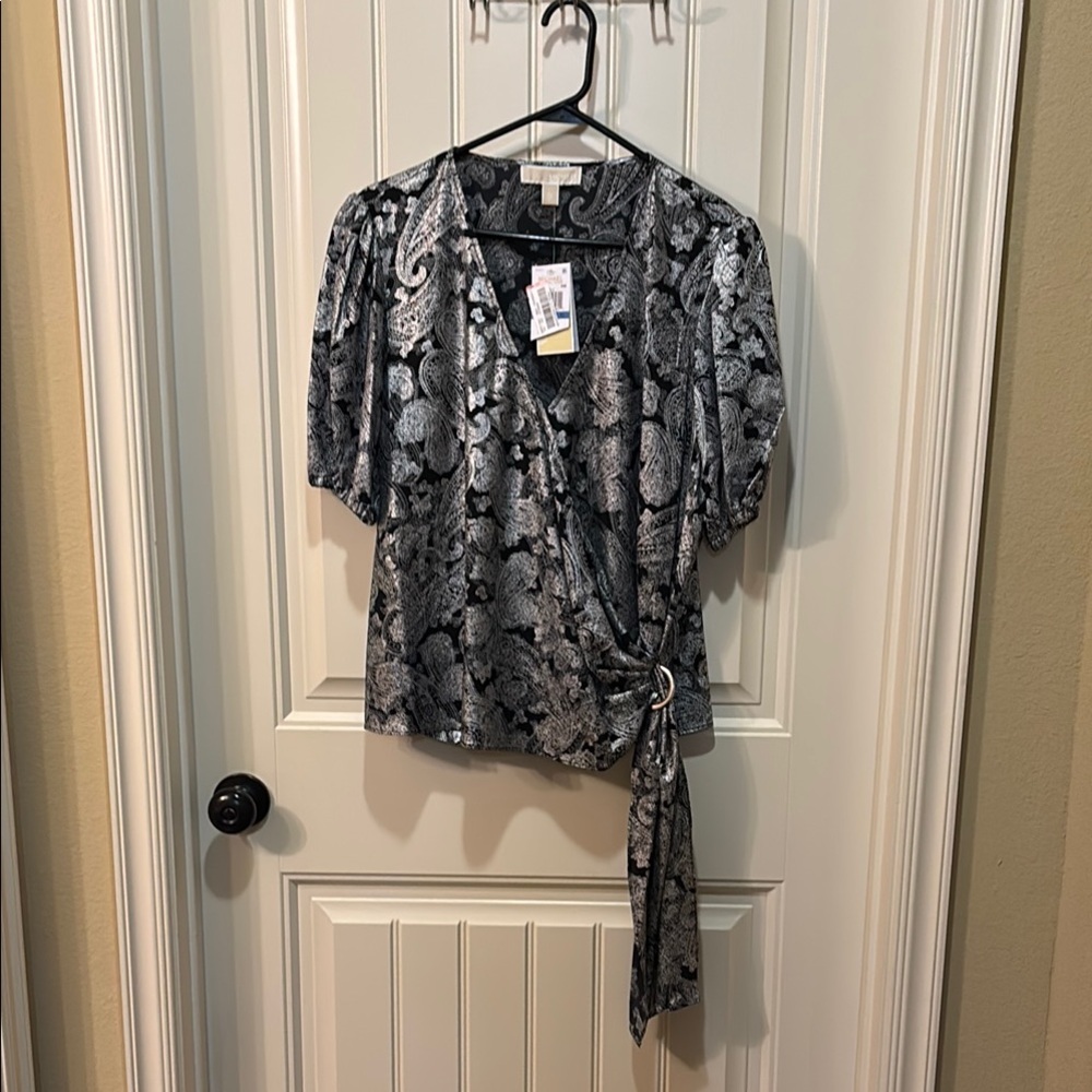Michael Kors Black Short Sleeve Wrap Blouse